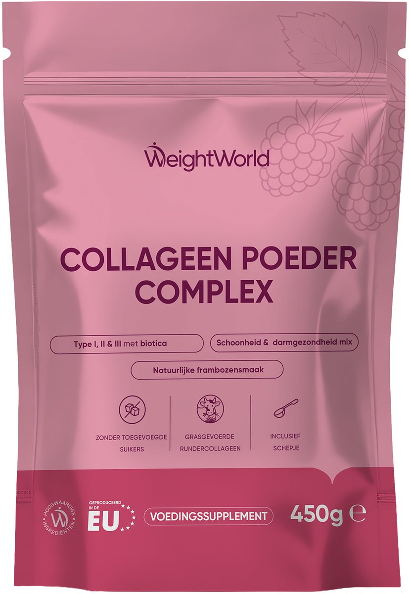 WeightWorld Collageen poeder - 450 g - Grasgevoerd - Met vitamine C, hyaluronzuur, zink en biotine - Makkelijk oplosbaar - Gemaakt in de EU