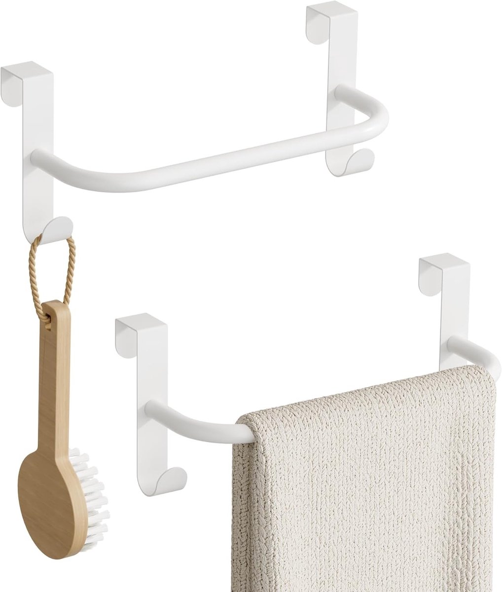 Handdoekhouder met 2 haken - witte handdoekrail - zonder boren - optimaal gebruik van ruimte - ShopVlot