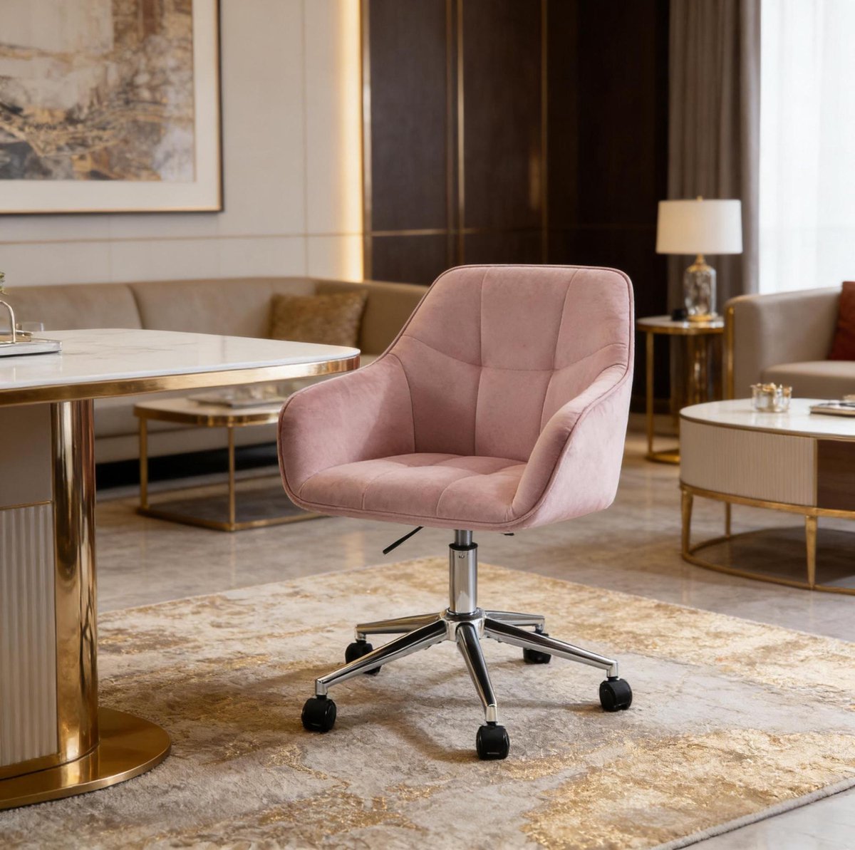 COVREO Bureaustoel 61 cm roze, velvet met armleuningen en wielen
