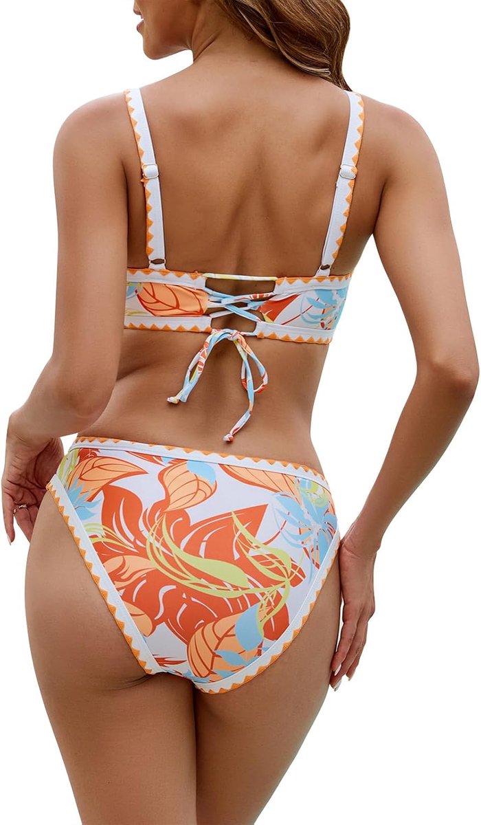 Badpak voor dames, tweedelig, gevlochten, bedrukt, bikiniset, hoge taille, tweedelig, gevoerde beha