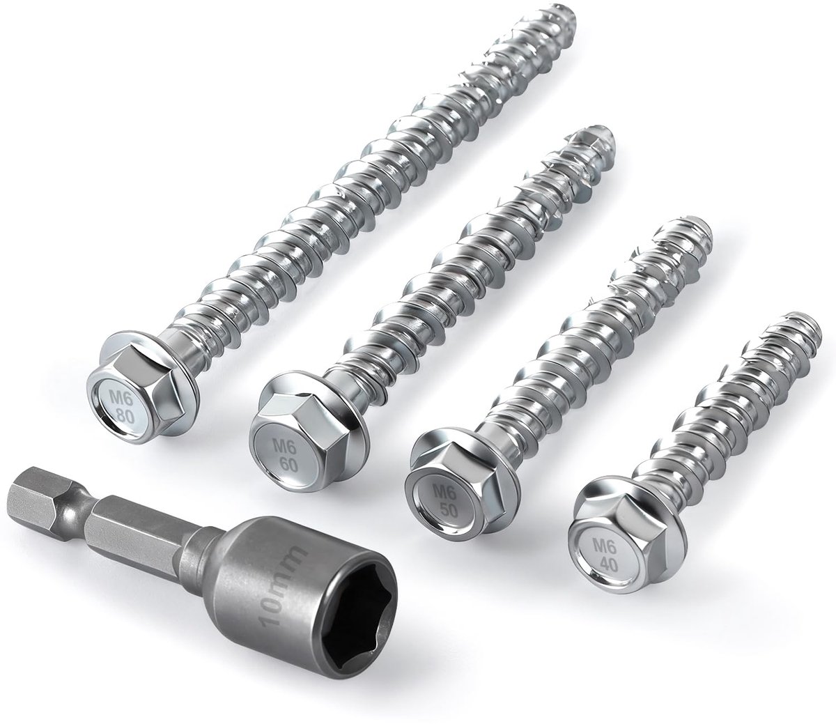 Betonschroeven zonder pluggen M6 x 50 mm, 24 stuks, betonschroeven, zeskantkop, verzinkt, met schijf, muurschroeven met zeskantige steeksleutel voor metselwerk, beton, bakstenen muren