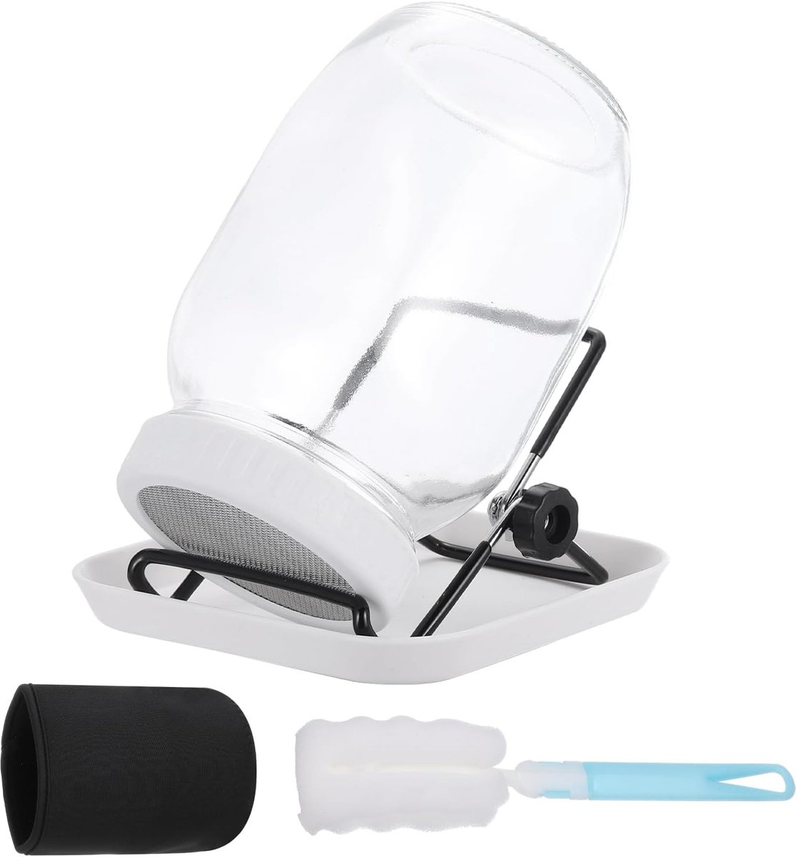Kiemglas set - 1 stuk 1000ml kiemglas incl. houder, hoes, dienblad, borstel - voor sporten, tuinkers & microgroen - wit