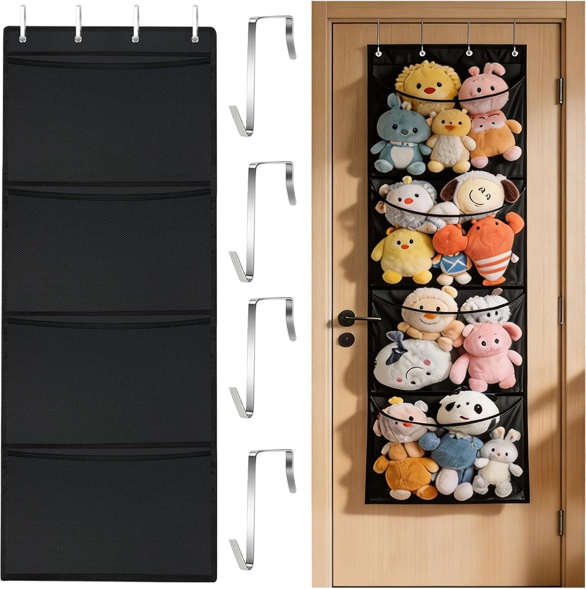 opslag met 4 grote zakken, 166 x 58 cm Rangement Suspendu | Geen boren nodig, transparant zichtbaar, ruimtebesparend voor kinderkamer, badkamer, slaapkamer