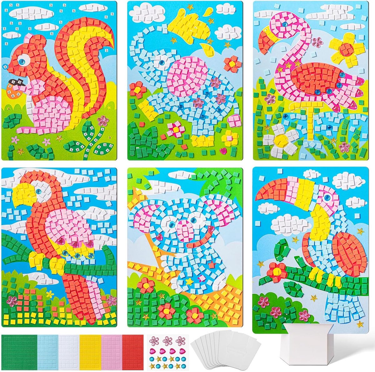 6 stuks mozaïek knutselset voor kinderen, mozaïekstickers, mozaïekstickers, zelfklevende creatieve set voor kinderverjaardag, cadeau, feest, bezigheid (mooi)