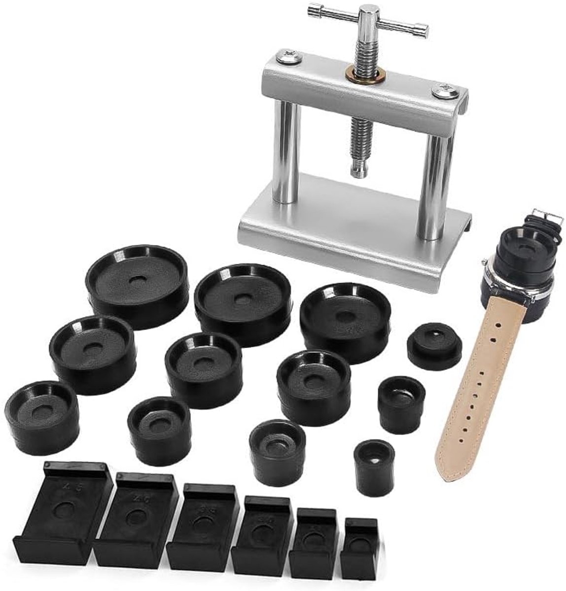 gereedschapsset, horlogepersset – horlogebehuizingpers met 18 drukvormen – horloge reparatie gereedschapsset voor horloge reparatie, drukveren en sluitsystemen