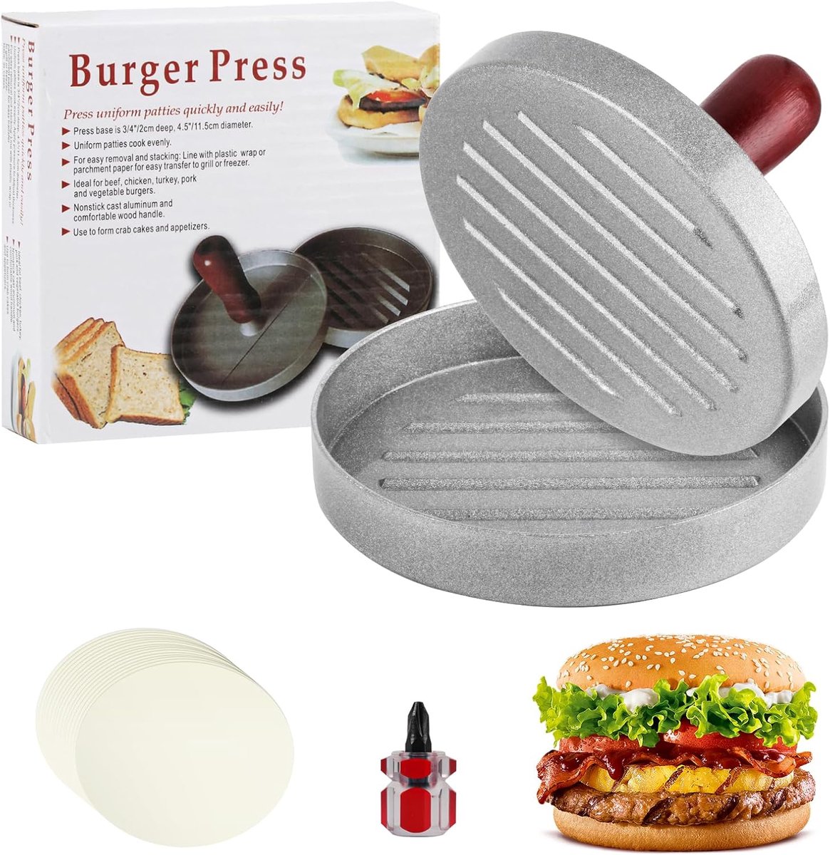 Hamburgerpers, Patty Maker Pers, Vorm voor Burger Patties, Aluminium Antiaanbak Hamburger Patty Maker voor BBQ Burgers, Inclusief 100 Siliconen Papier Vellen, 1 Schroevendraaier