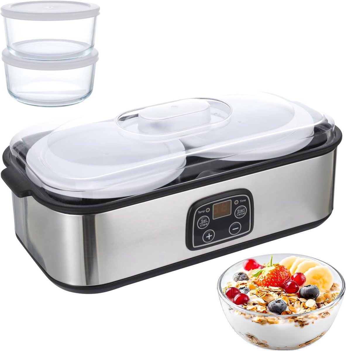Automatische yoghurtmaker voor 2 liter instelbare temperatuur en timer met LED-display en 2 glazen voor het maken van biologische yoghurt en zuivelen