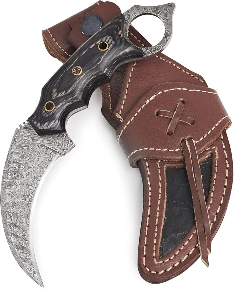 ROAR 7,5 inch Handgemaakte Karambit Damascus Jachtmes met Leren Schede - Ideaal voor Velden, Kamperen, Buiten - Full Tang Vastblad Karambit Mes met Walnoot Houten Handvat - Desert Fox