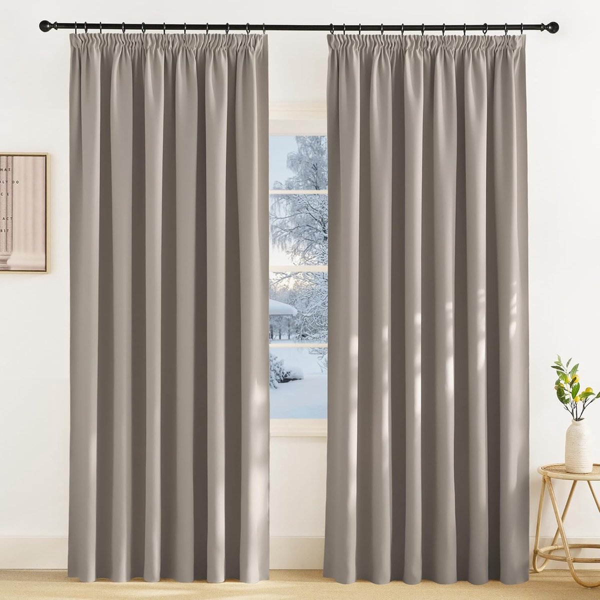 Thermogordijn tegen kou met plooiband, woonkamer, set van 2, 220 x 200 cm (h x b), ruimteverdeler, ondoorzichtig, verduisteringsgordijnen, railsysteem, zandkleuren