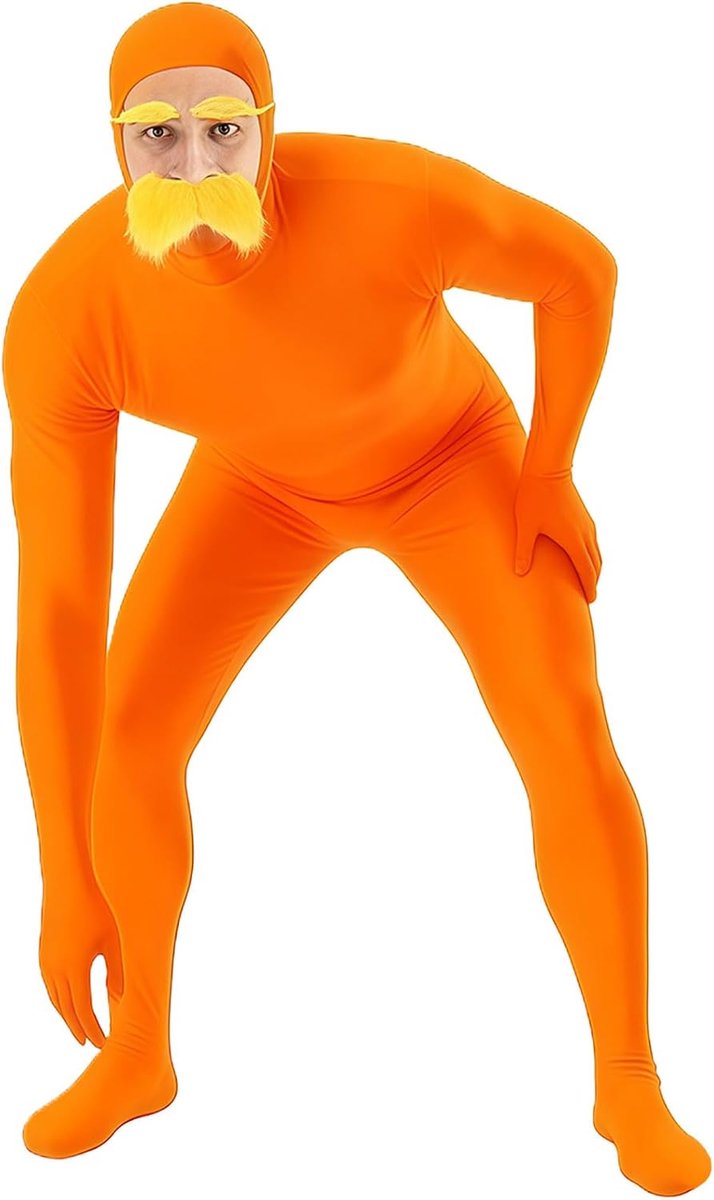 Lorax kostuum, oranje full-body pak voor dames en heren, grappig kostuum met snor, oranje full-body pak voor carnaval, Halloween en carnaval