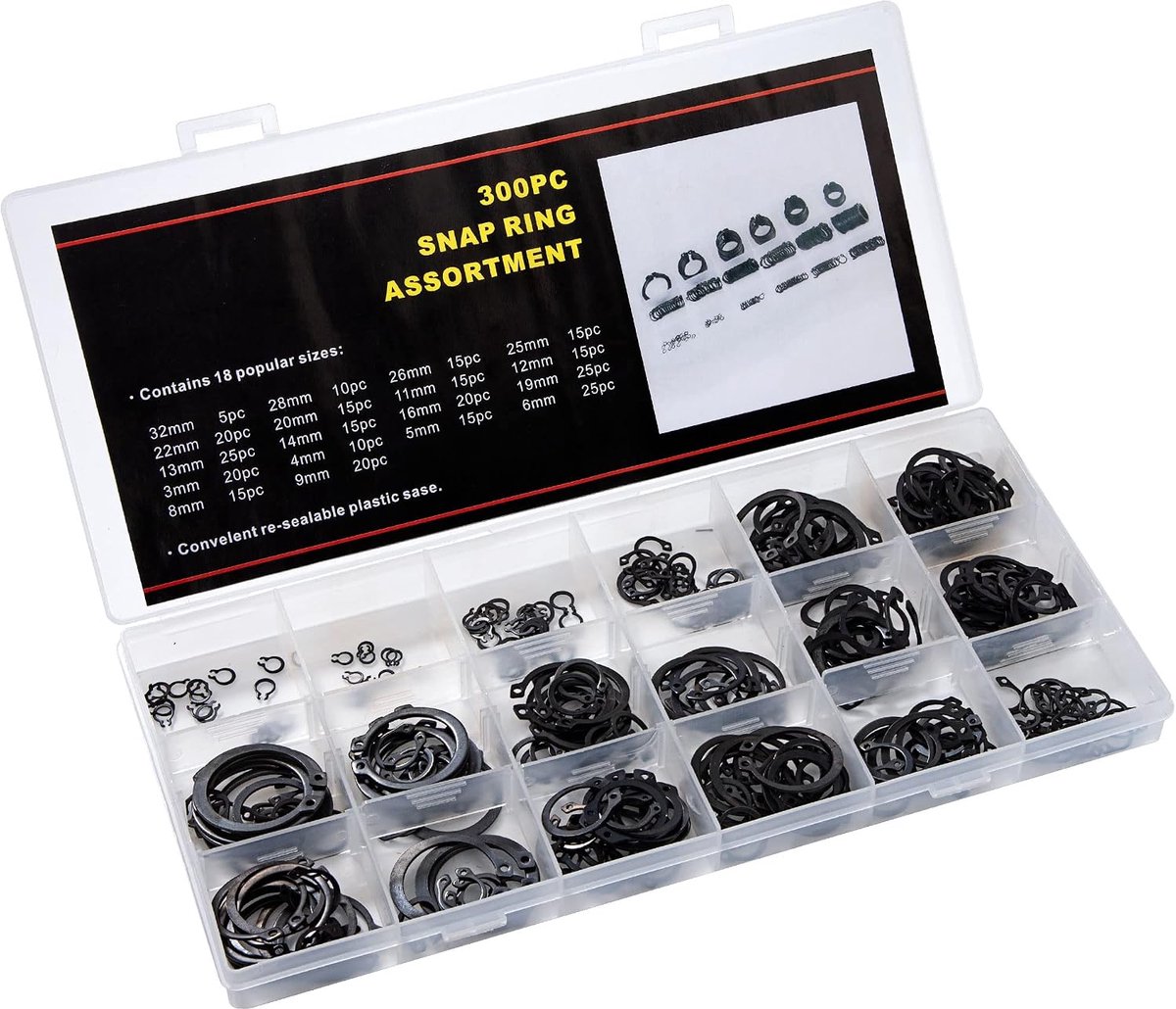 Veiligheidsring E-Clip koolstofstaal Circlip Zeeger Ring met kunststof doos Elastische ringen 18 maten 3 mm - 32 mm 300 stuks