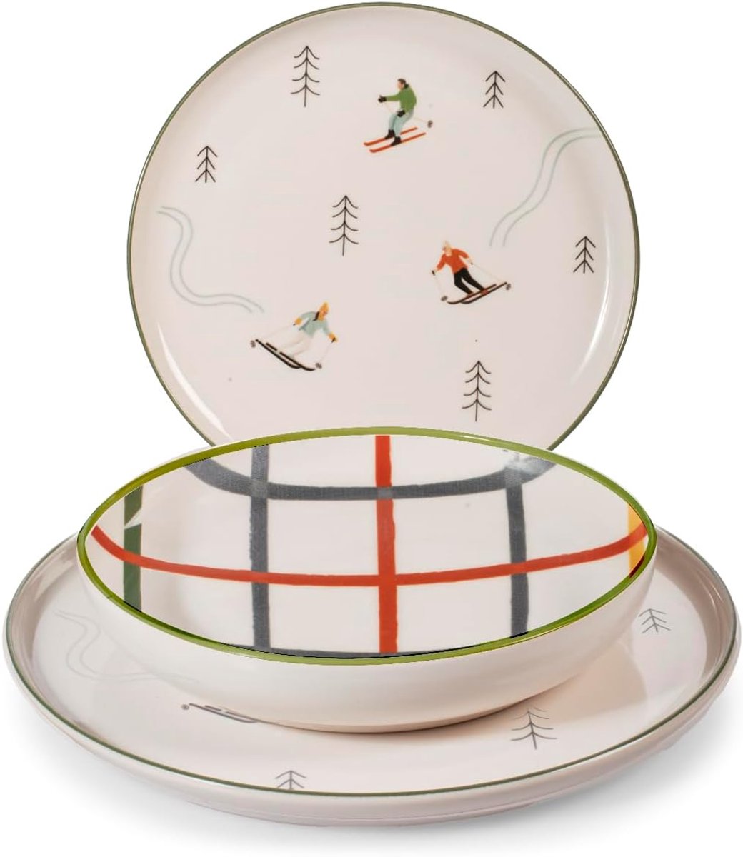 Tafelservies, 18-delig, Ski Holiday van gedecoreerd aardewerk, winter- en kerststijl, borden met skiërs en afbeeldingen, vaatwasmachinebestendig, magnetronbestendig, Ø 26, 20,5, 20 cm