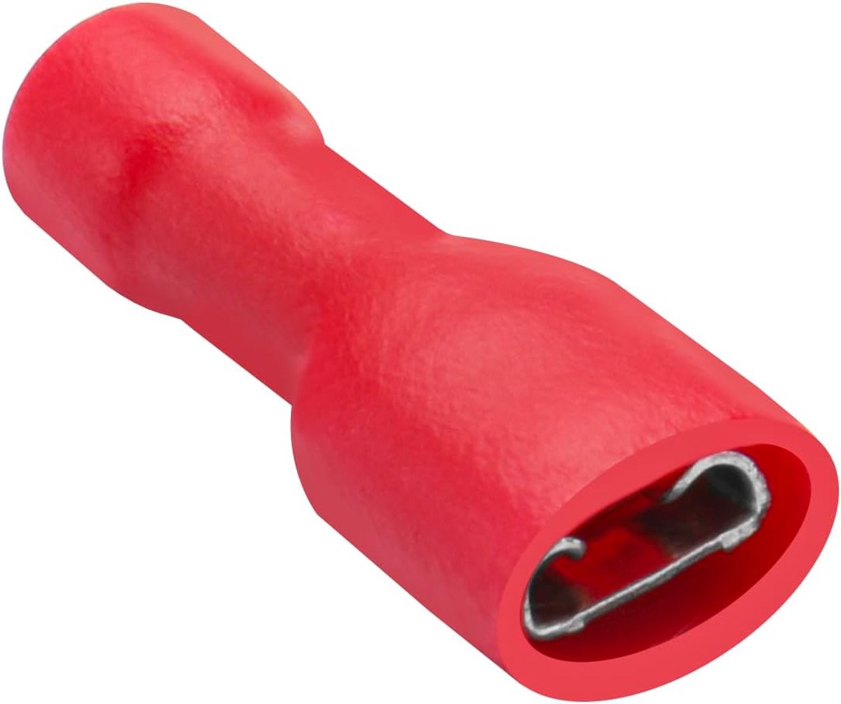 100 stuks volledig geïsoleerde vinyl vrouwelijke kabelklemmen, FDFD1.25-187, 4,8 x 0,5 mm, voor 0,5-1,5 mm² (22-16 AWG), rood