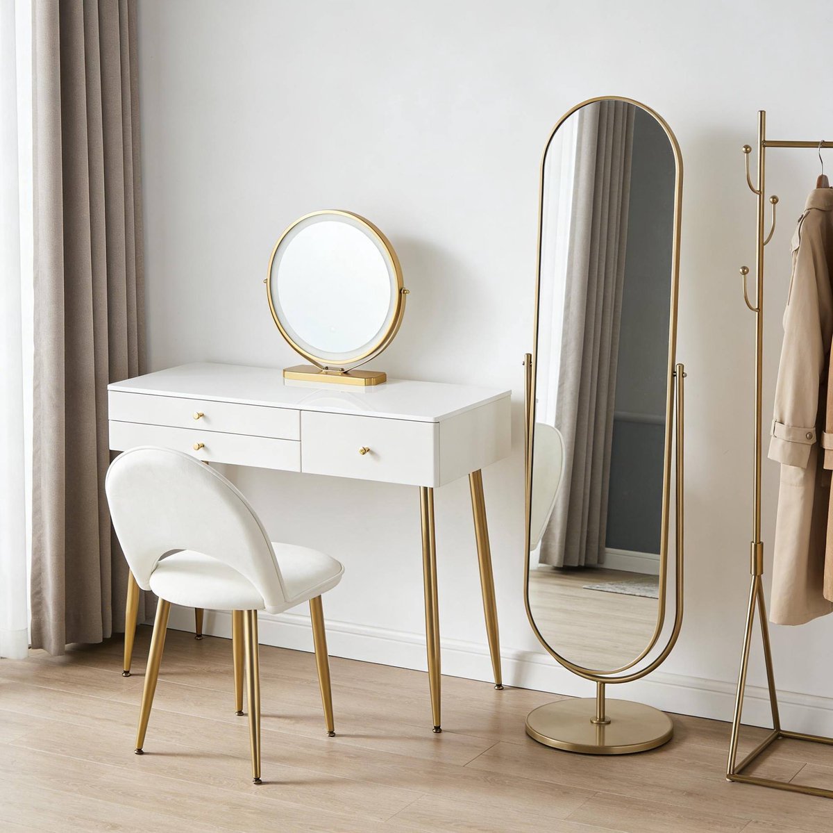 COVREO Kaptafel set 100x40x122 cm wit goud, van hout en metaal, 3 lades