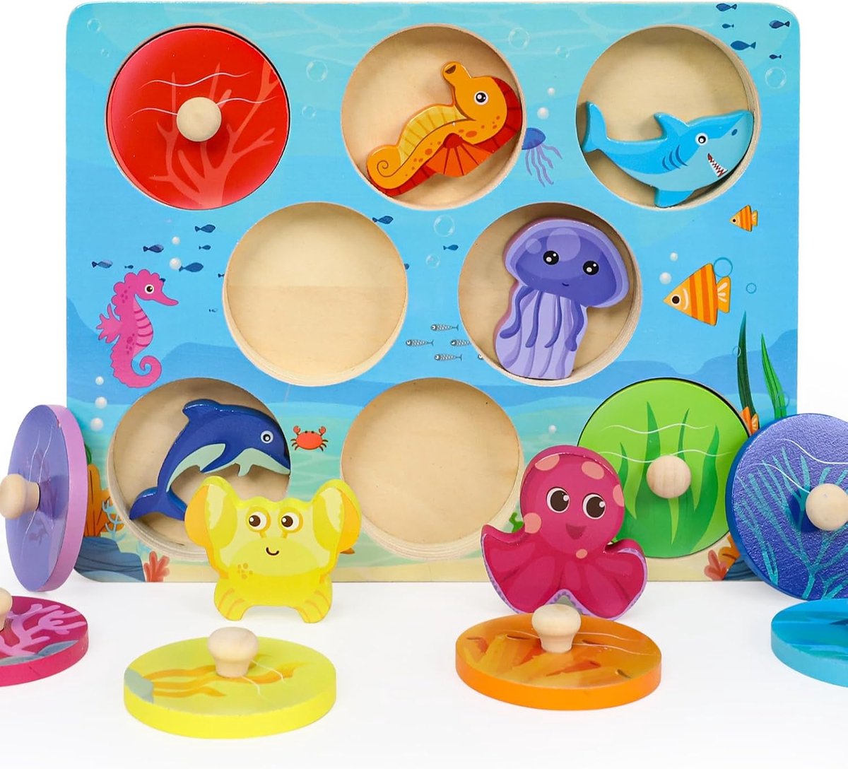 Montessori Houten puzzel voor baby's vanaf 1 jaar, zeemotoriekspeelgoed voor 10-36 maanden, meisjes, jongens, kinderen, grijppuzzel, steekspeelgoed, sorteerspel, verjaardag, Pasen, Kerstmis