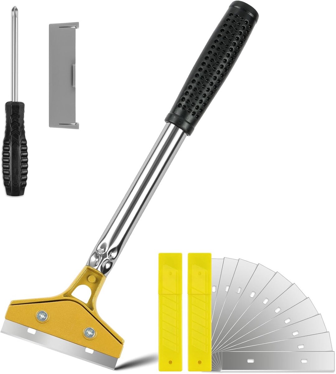 Schraper met 20 vervangende accessoires, antislip lange steel behangverwijderaar met beschermhoes, vloerschraper voor het verwijderen van stickers, etiketten, verfresten, goud