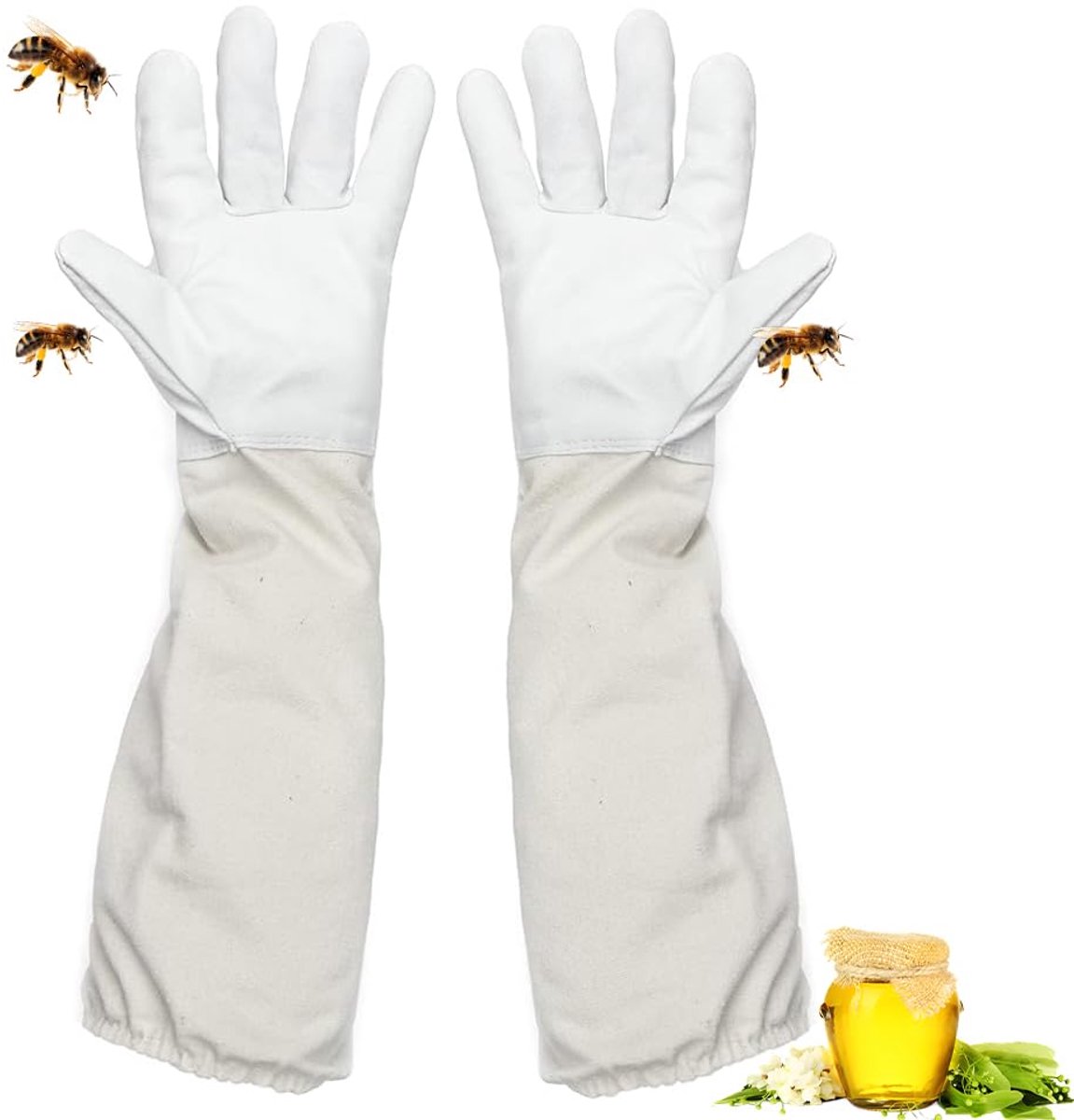 Beschermende handschoenen met lange mouwen, werkhandschoenen voor de tuin, ademende imkerhandschoenen voor heren en dames, imkerijaccessoires (wit)