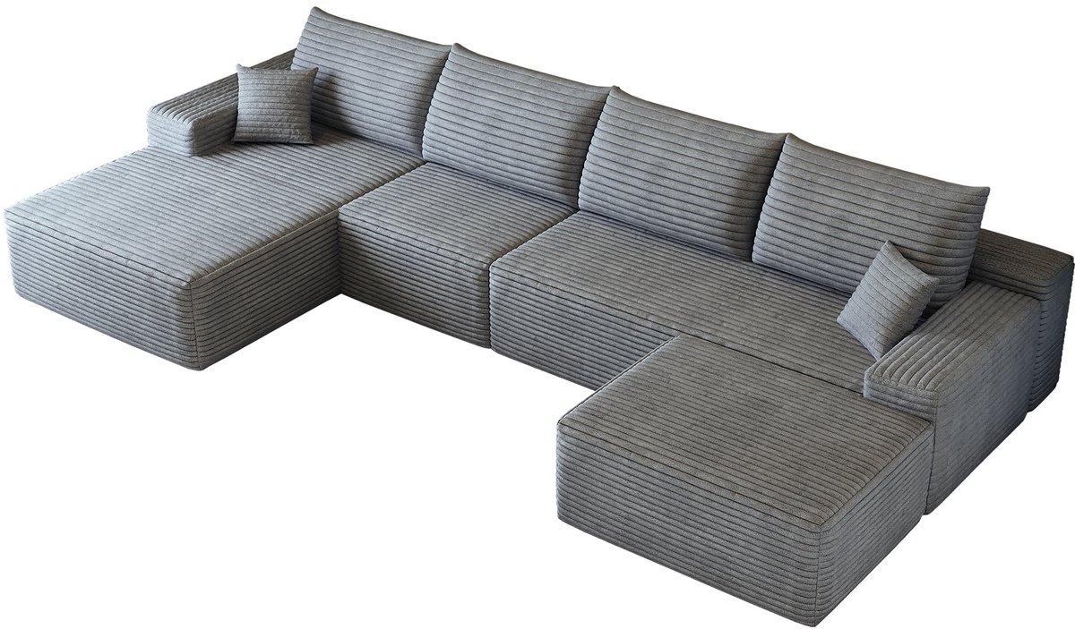 Merax Modulaire Hoekbank 5-Zits - 340 cm - Ribstof - Chaise Longue - Diepe Zit - Frameloos - Grijs - Zonder Montage