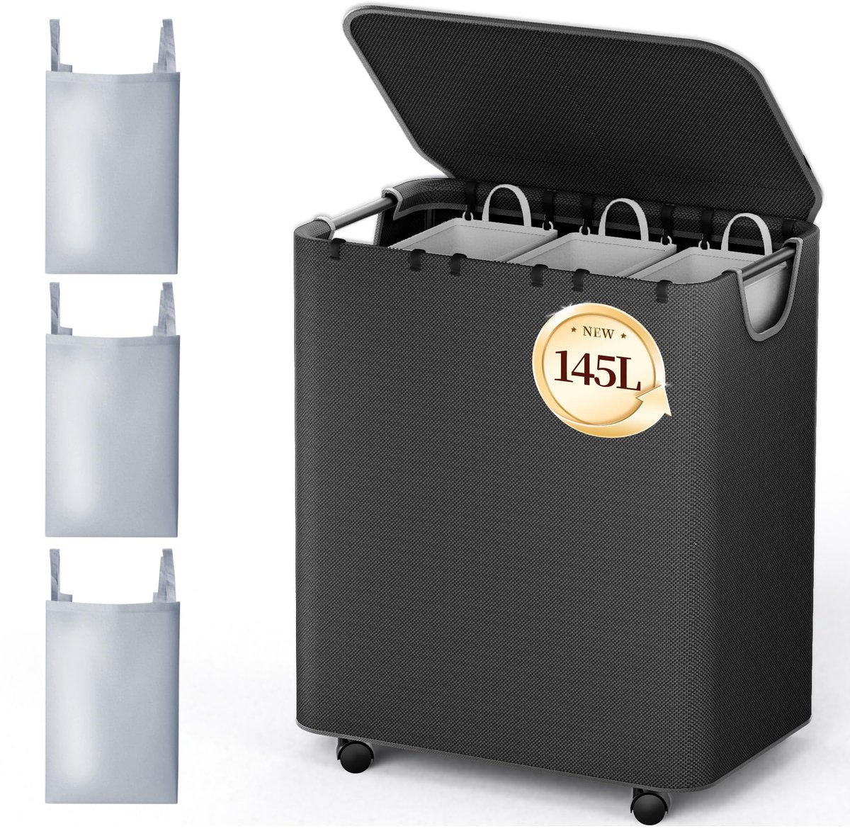 LAMU Wasmand met deksel, wasmand 145 l, 3 vakken en 3 waszakken afneembaar, snelle montage, wassorteerder voor - ShopVlot