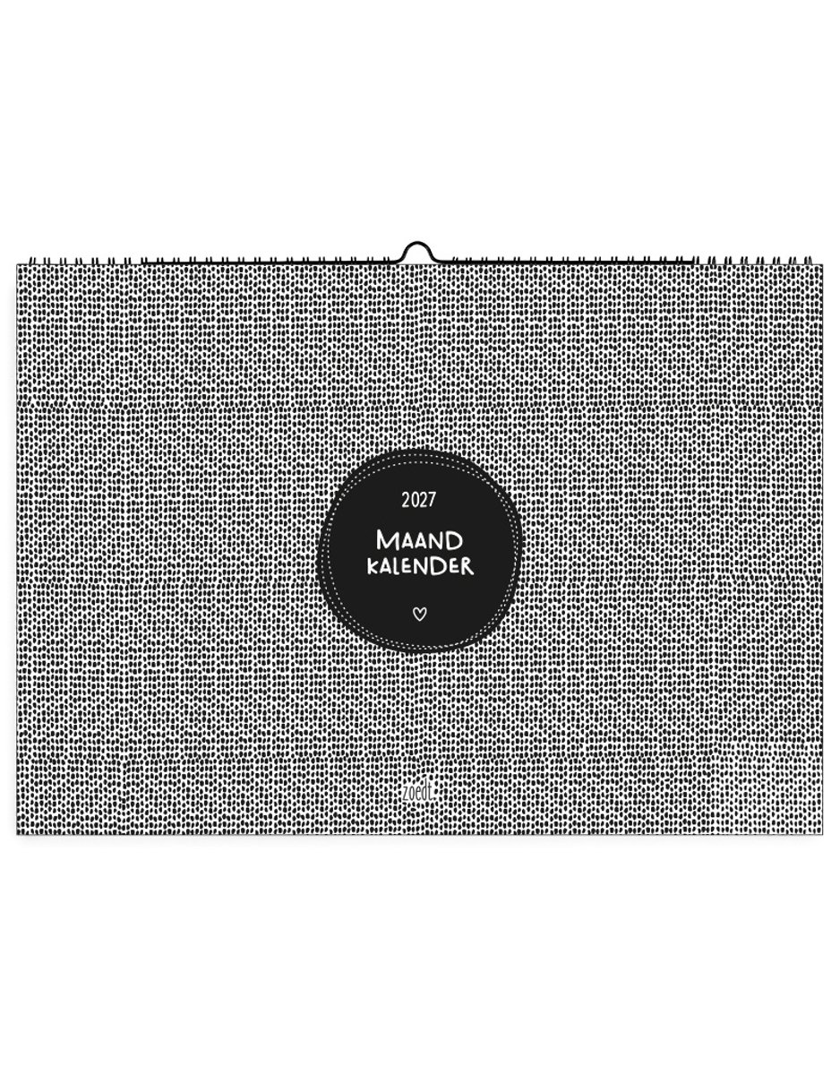 Zoedt maandkalender 2027 - A3 formaat - 29,7x42cm - zwart wit - ringband en ophanghaakje