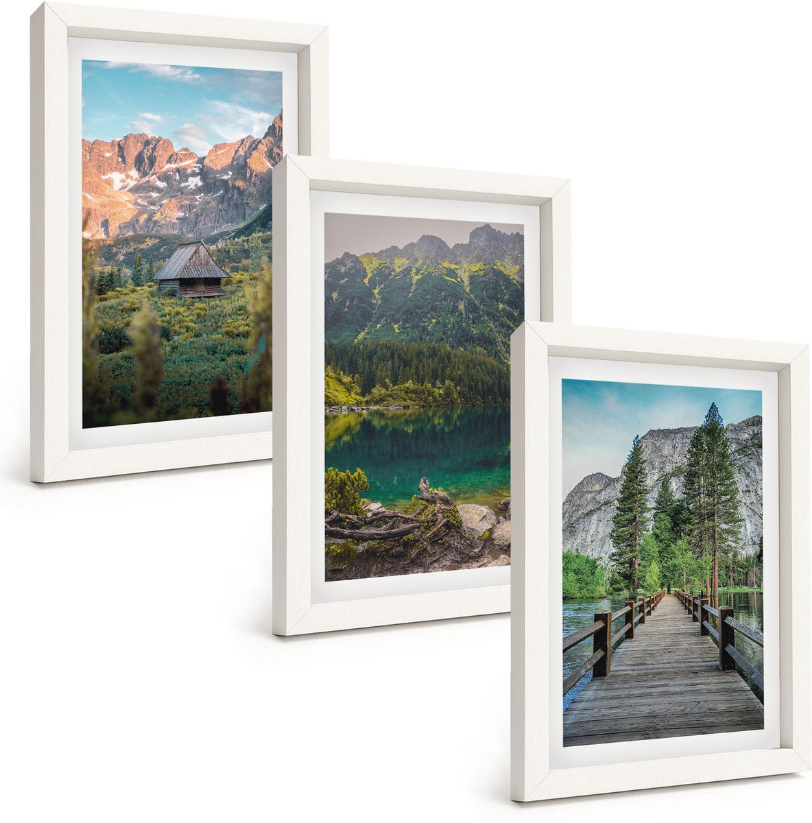 Tulup 3-Delige Schilderij Set - Berglandschap met een meer en een houten steiger - 20x30 - Schilderijen Set - Wanddecoratie - Woonkamer - Moderne Wanddecoratie