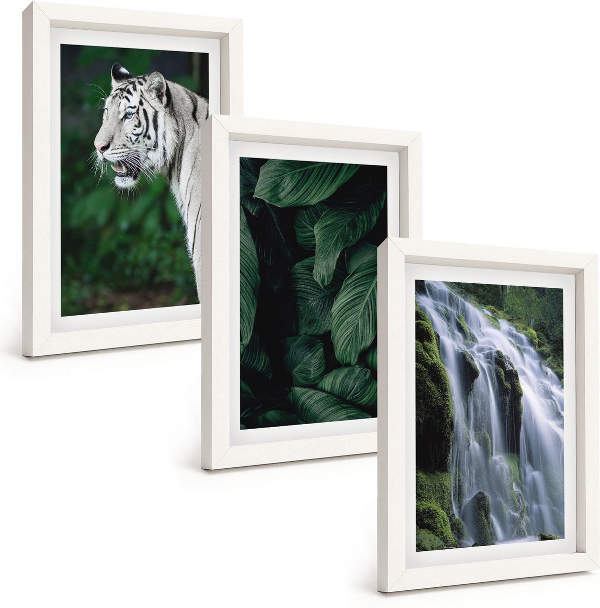 Tulup 3-Delige Schilderij Set - Tijgerwitte bladeren en een waterval in een natuurlijke omgeving - 20x30 - Decoratieve Schilderijen - Woonkamer - Interieur - Moderne Wanddecoratie