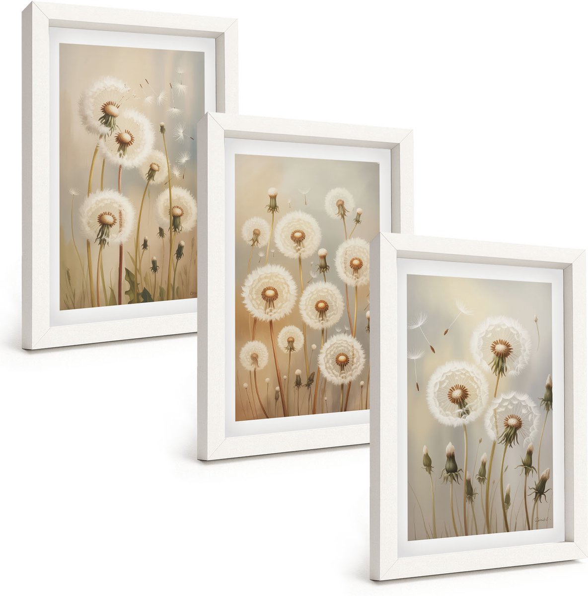 Tulup 3-Delige Schilderij Set - Witte paardenbloemen op een achtergrond van lichte kleuren. - 20x30 - Muurdecoratie - Interieur Decoratie - Wanddecoratie