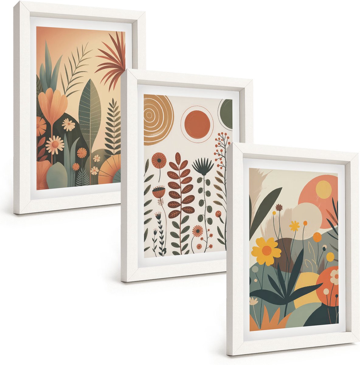 Tulup 3-Delige Schilderij Set - Boho-plantenpatronen in warme tinten met natuur. - 20x30 - Decoratieve Muurdecoratie - Slaapkamer - Woonkamer Decoratie