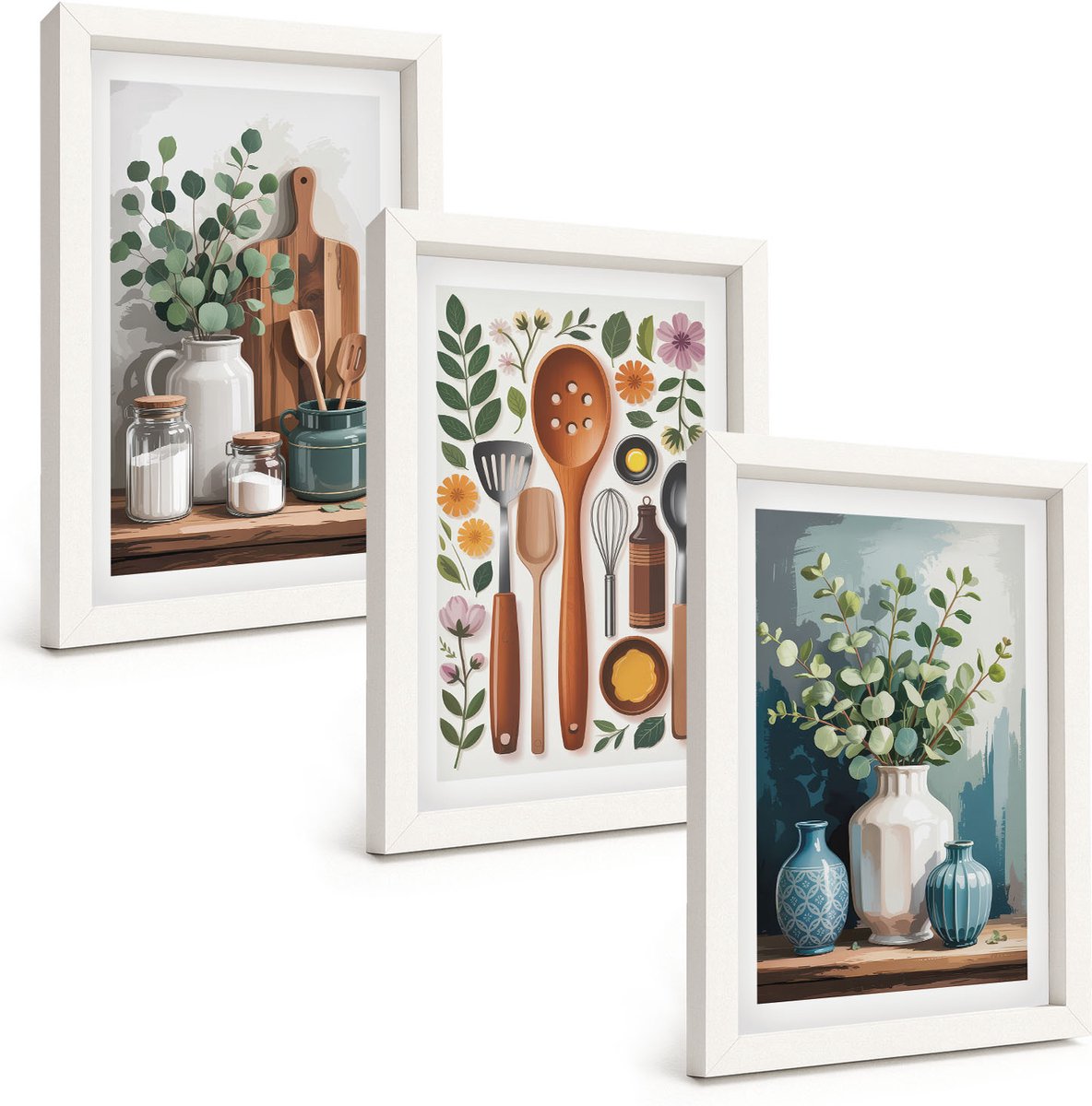 Tulup 3-Delige Schilderij Set - Keukenaccessoires met planten in een moderne stijl - 20x30 - Stijlvolle Muurdecoratie - Slaapkamer - Woonkamer Decoratie