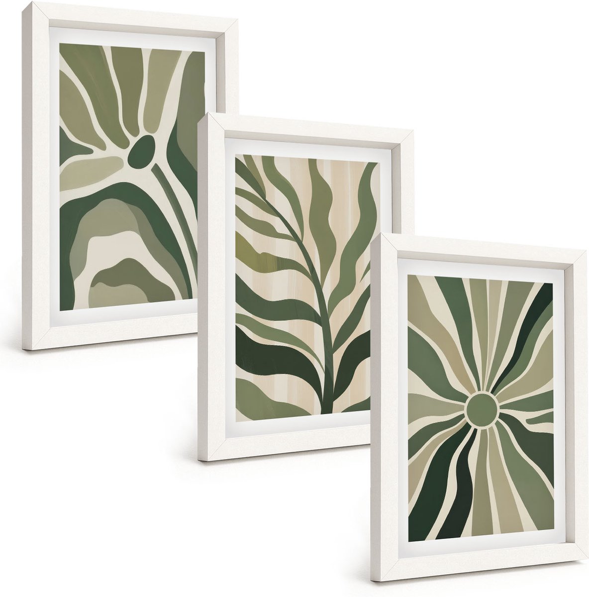 Tulup 3-Delige Schilderij Set - Plantenpatronen in tinten groen en beige - 20x30 - Stijlvolle Muurdecoratie - Kantoor - Wanddecoratie