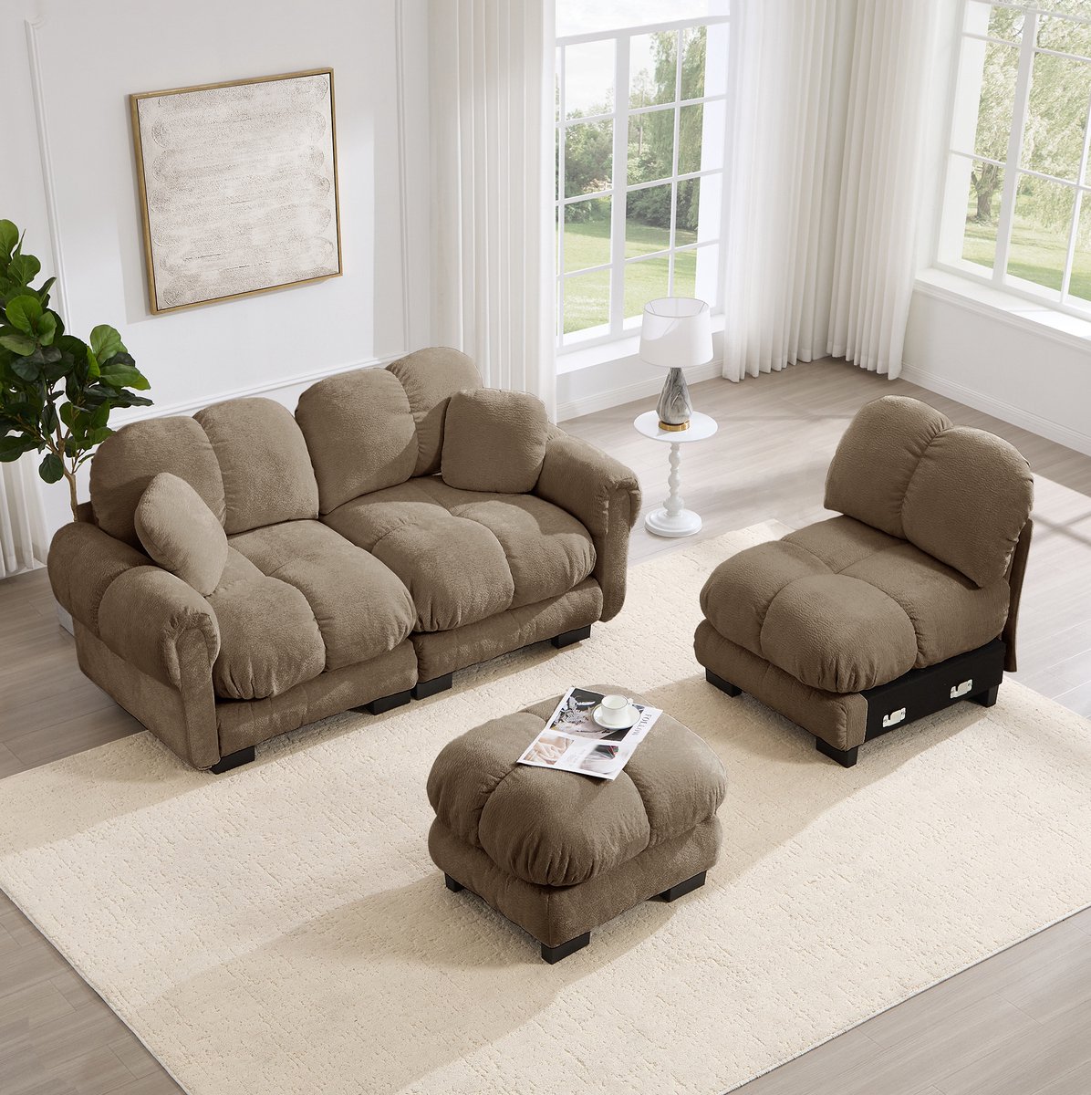 MODENUIT Hoekbank 260 x 149 x 90 cm - 3-Zits Met Verplaatsbare Ottomane En 2 Sierkussens - Chenille - Bruin