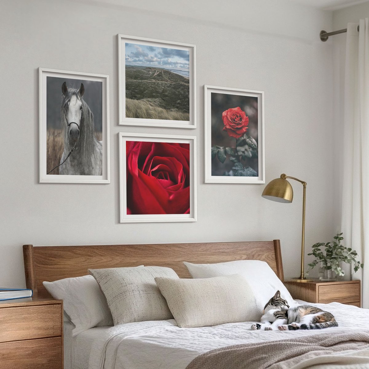 Tulup 4-Delige Schilderij Set - Rode rozen en een paard in een grijze omgeving - 40x40 en 40x60 - Schilderijen Set - Wanddecoratie - Woonkamer - Decoratieve Schilderijen