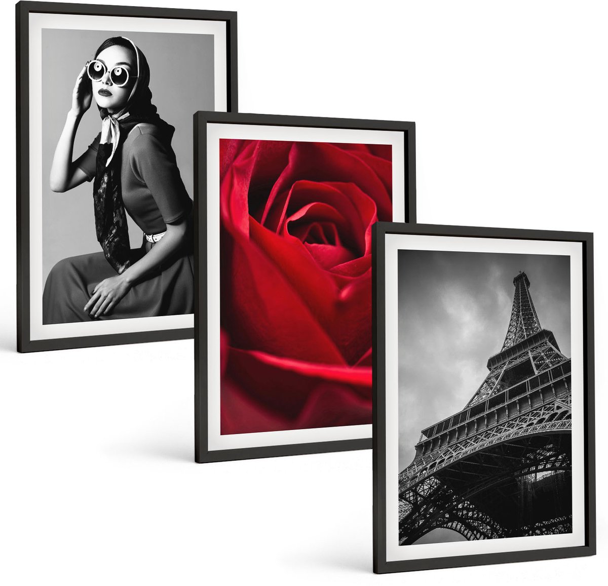 Tulup 4-Delige Schilderij Set - Parijse vrouw met bril, roos en Eiffeltoren - 40 x 60 cm - Wanddecoratie - Muurdecoratie - Woonkamer