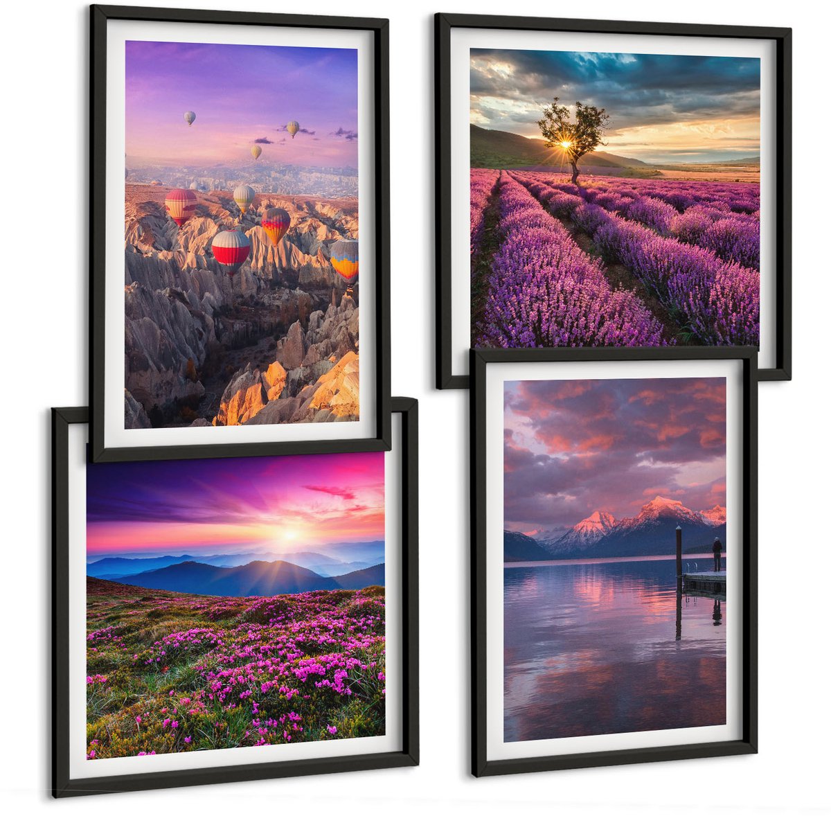 Tulup 4-Delige Schilderij Set - Landschap met lavendelvelden en zonsondergang - 40 x 40 cm en 40 x 60 cm - Wanddecoratie - Schilderijen Set - Interieur - Woonkamer Decoratie