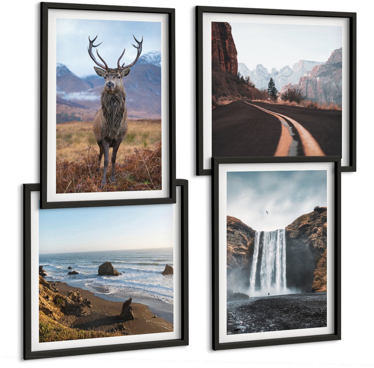 Tulup 4-Delige Schilderij Set - Berglandschappen met waterval, herten en strand - 40 x 40 cm en 40 x 60 cm - Decoratieve Schilderijen - Woonkamer - Interieur - Muurdecoratie