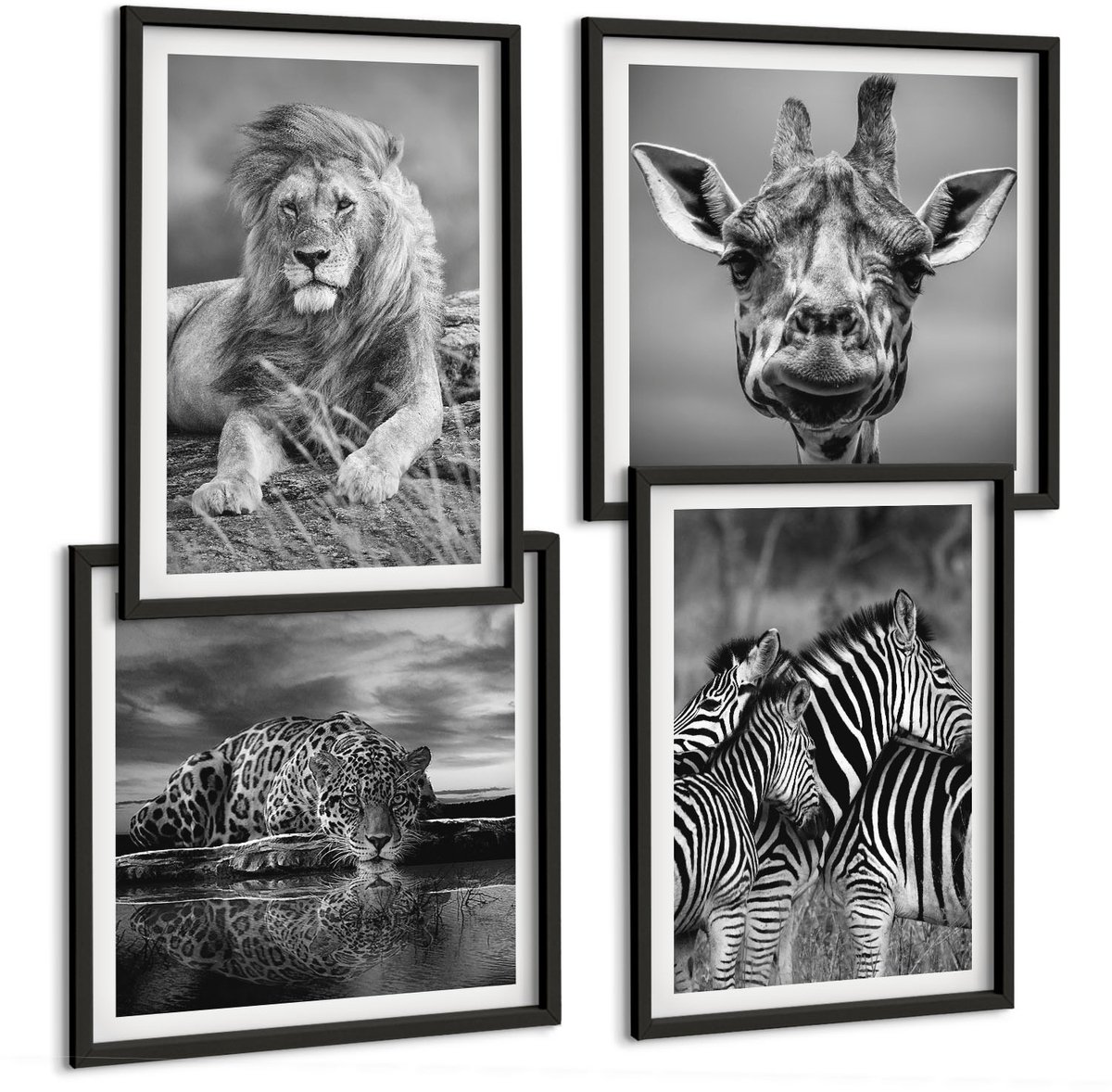 Tulup 4-Delige Schilderij Set - Wilde dieren: leeuw, jaguar, giraffe en zebra's - 40 x 40 cm en 40 x 60 cm - Decoratieve Schilderijen - Woonkamer - Interieur - Woonkamer Decoratie