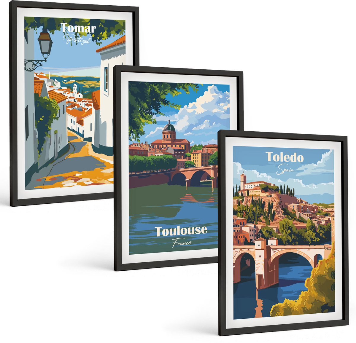 Tulup 4-Delige Schilderij Set - Grafische afbeeldingen van beroemde steden in retrostijl - 40 x 60 cm - Wanddecoratie - Muurdecoratie - Woonkamer - Stijlvolle Muurdecoratie