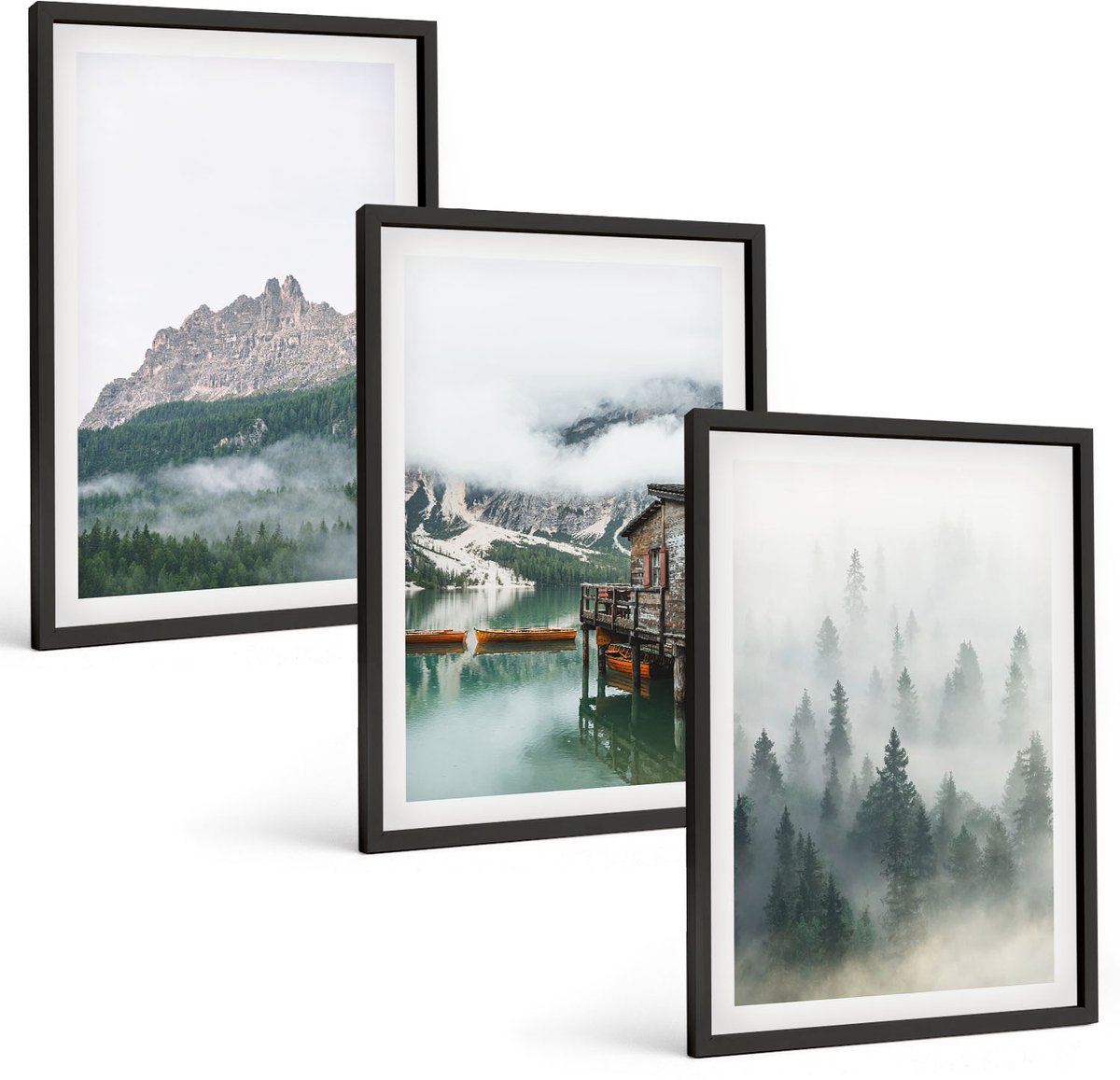 Tulup 4-Delige Schilderij Set - Bergen, meer, huisje en mist in het bos - 40 x 60 cm - Stijlvolle Muurdecoratie - Kantoor