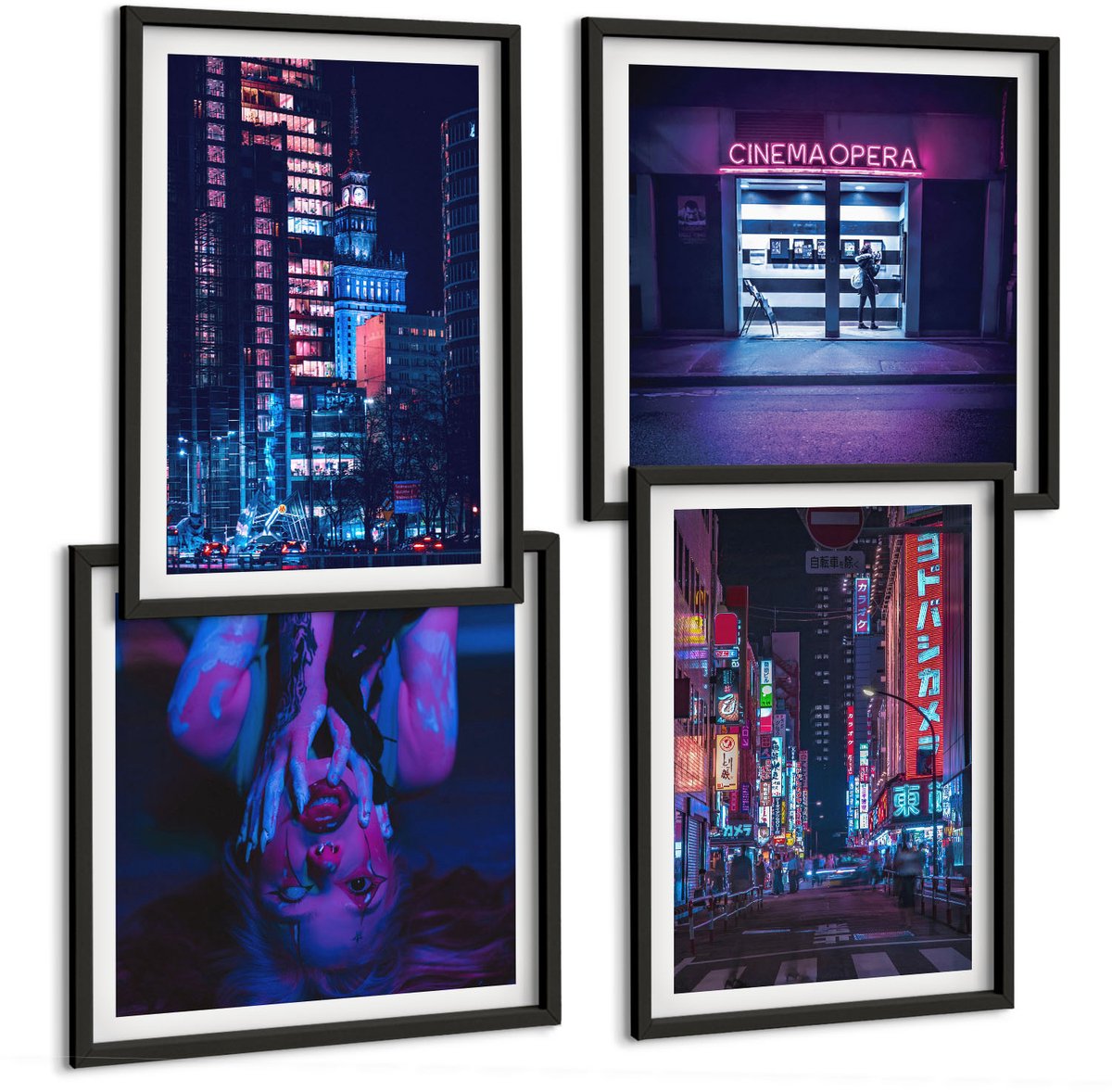 Tulup 4-Delige Schilderij Set - Nachtstad met neonlichten en bioscoopingang - 40 x 40 cm en 40 x 60 cm - Moderne Wanddecoratie - Slaapkamer