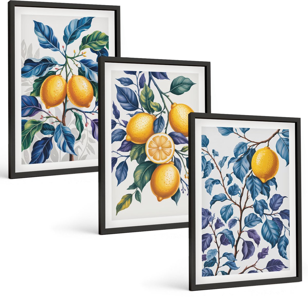 Tulup 4-Delige Schilderij Set - Citroenen aan takken met blauwe bladeren - 40 x 60 cm - Wanddecoratie - Woonkamer Decoratie - Interieur Decoratie