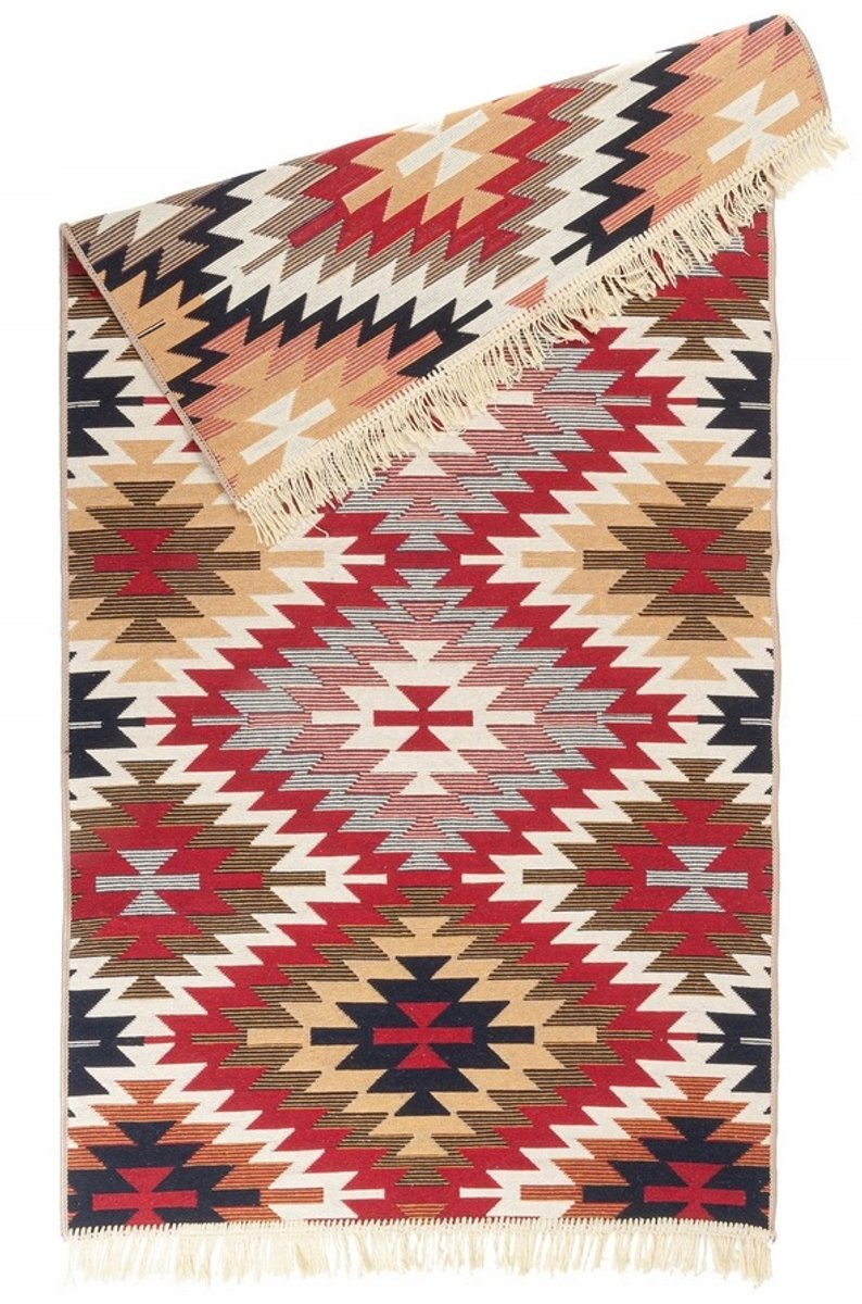 Kilim Vloerkleed Aztec Boho Dubbelzijdig 80x150cm met Franjes