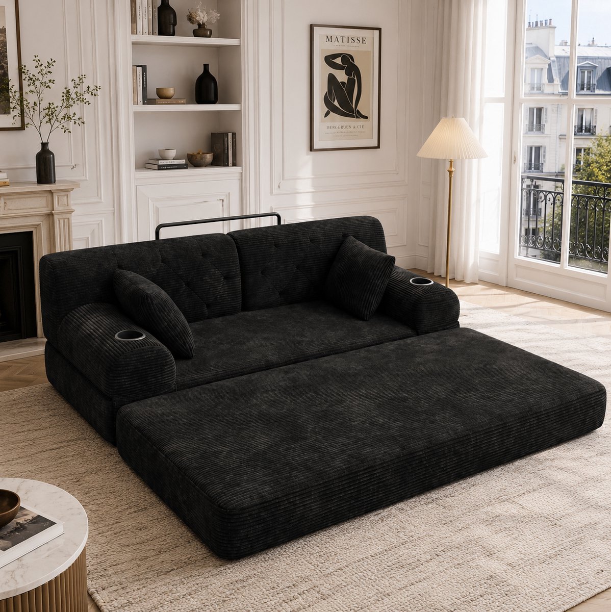 MODENUIT Slaapbank 168 cm - 2-Zits Met Hoge Rugleuning En 2 Bekerhouders - Voor Woonkamer - Cord Zwart