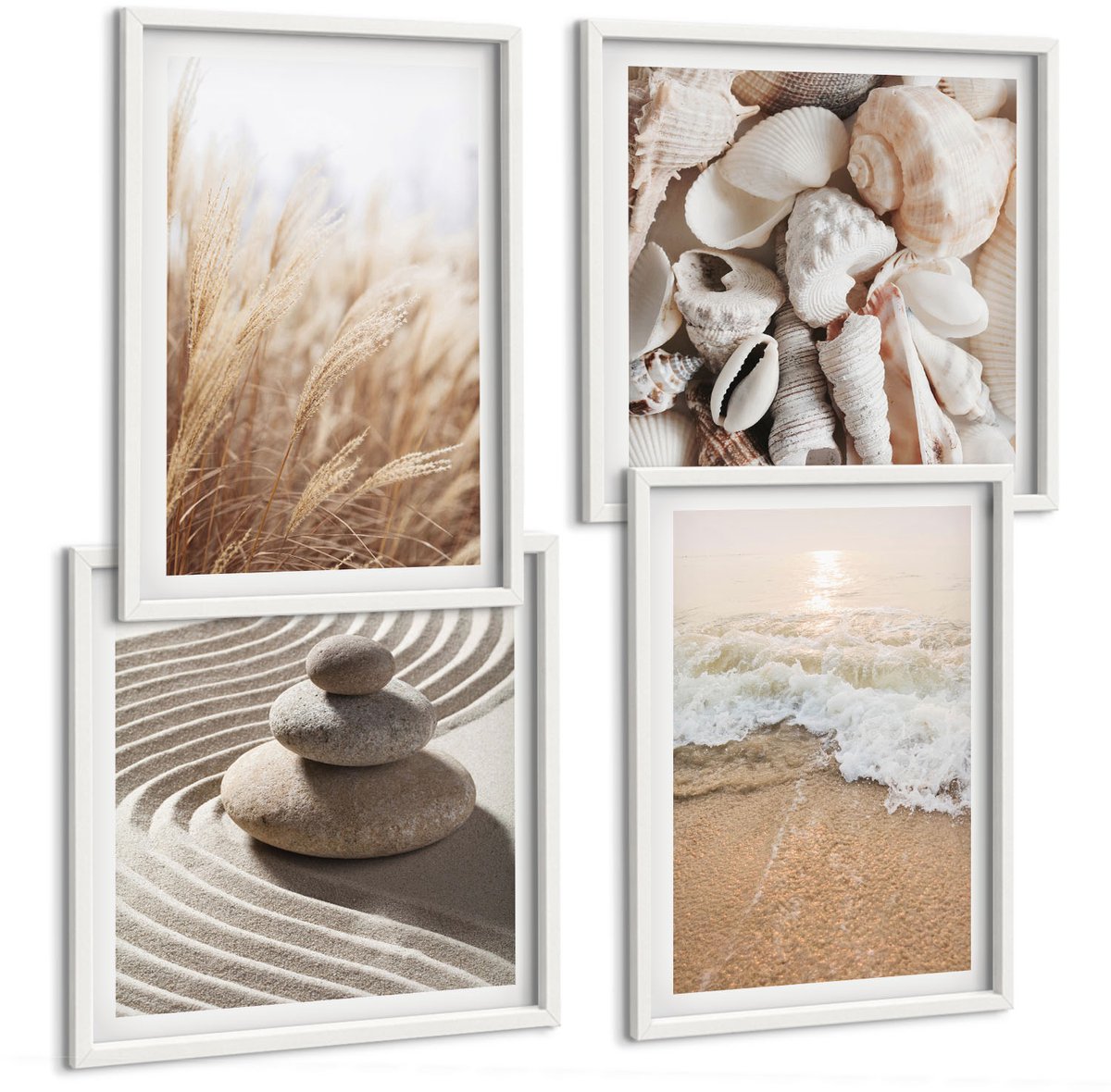 Tulup 4-Delige Schilderij Set - Strandthema met schelpen en zeegolven - 40x40 en 40x60 - Wanddecoratie - Muurdecoratie - Woonkamer - Stijlvolle Muurdecoratie