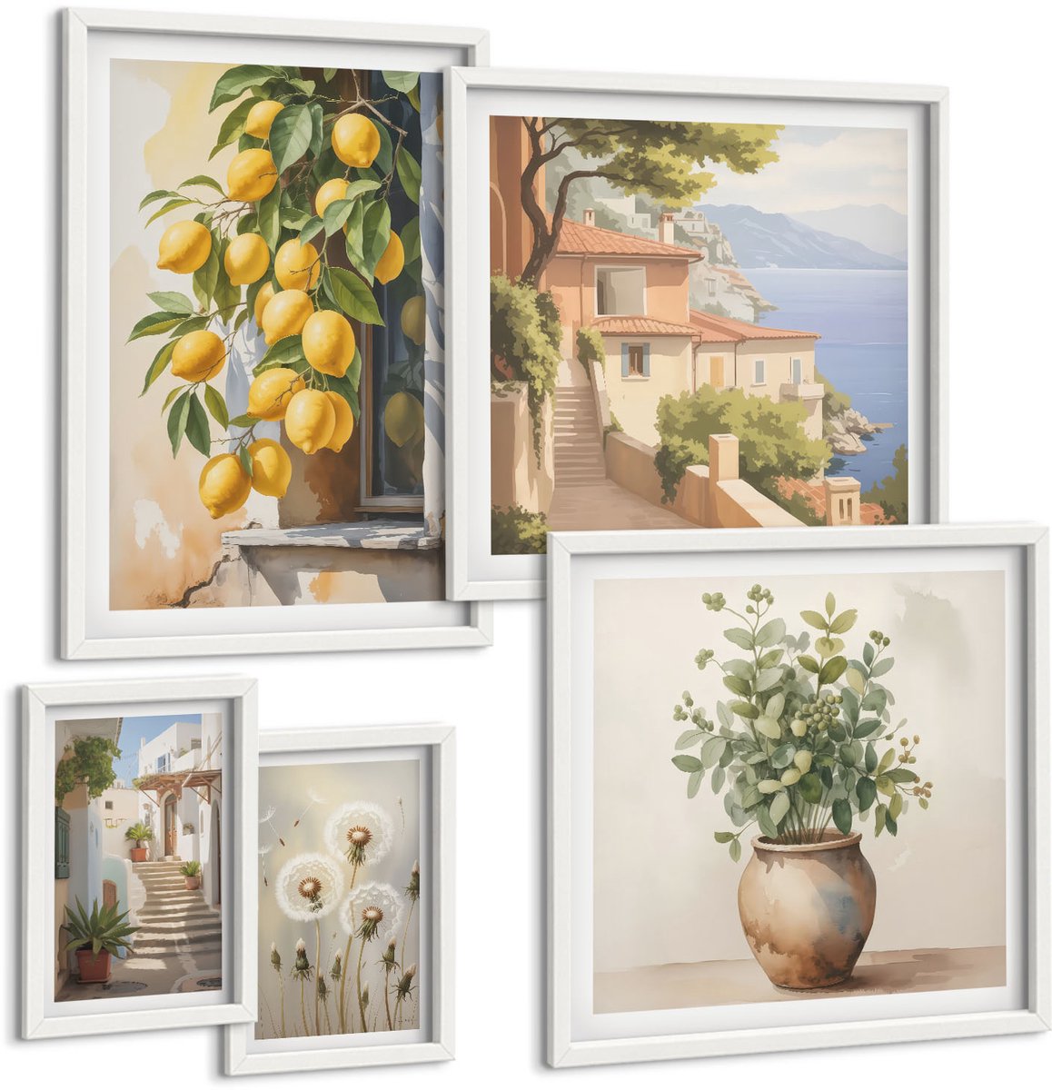 Tulup 4-Delige Schilderij Set - Citrusaccenten en botanische motieven in mediterrane stijl - 50 x 50 cm, 20 x 30 cm en 40 x 60 cm - Decoratieve Muurdecoratie - Slaapkamer - Decoratieve Schilderijen
