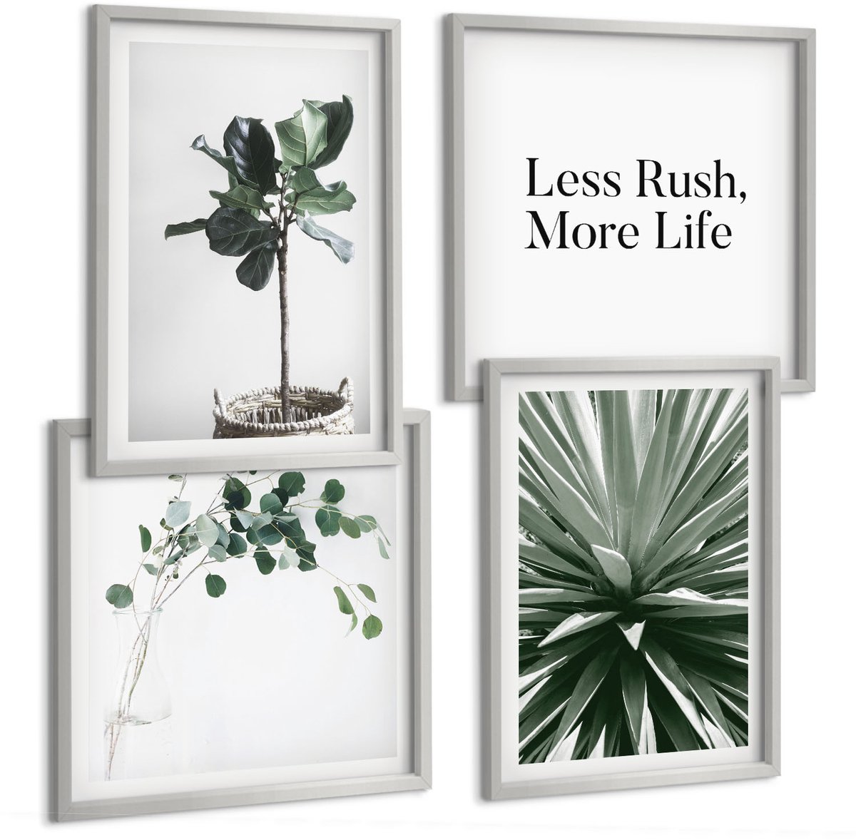 TULUP 4-Delige Schilderij Set - Groene planten in minimalistische stijl met belettering - 40 x 40 cm en 40 x 60 cm - Decoratieve Schilderijen - Woonkamer - Interieur Zilveren lijst