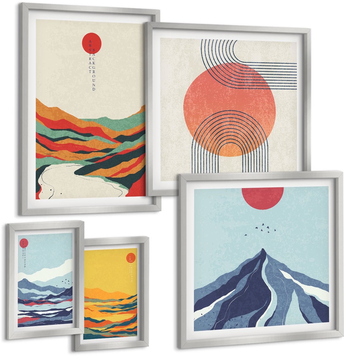 TULUP 4-Delige Schilderij Set - Abstracte berglandschappen met geometrische vormen - 50 x 50 cm, 20 x 30 cm en 40 x 60 cm - Decoratieve Schilderijen - Woonkamer - Interieur - Wanddecoratie Zilveren lijst