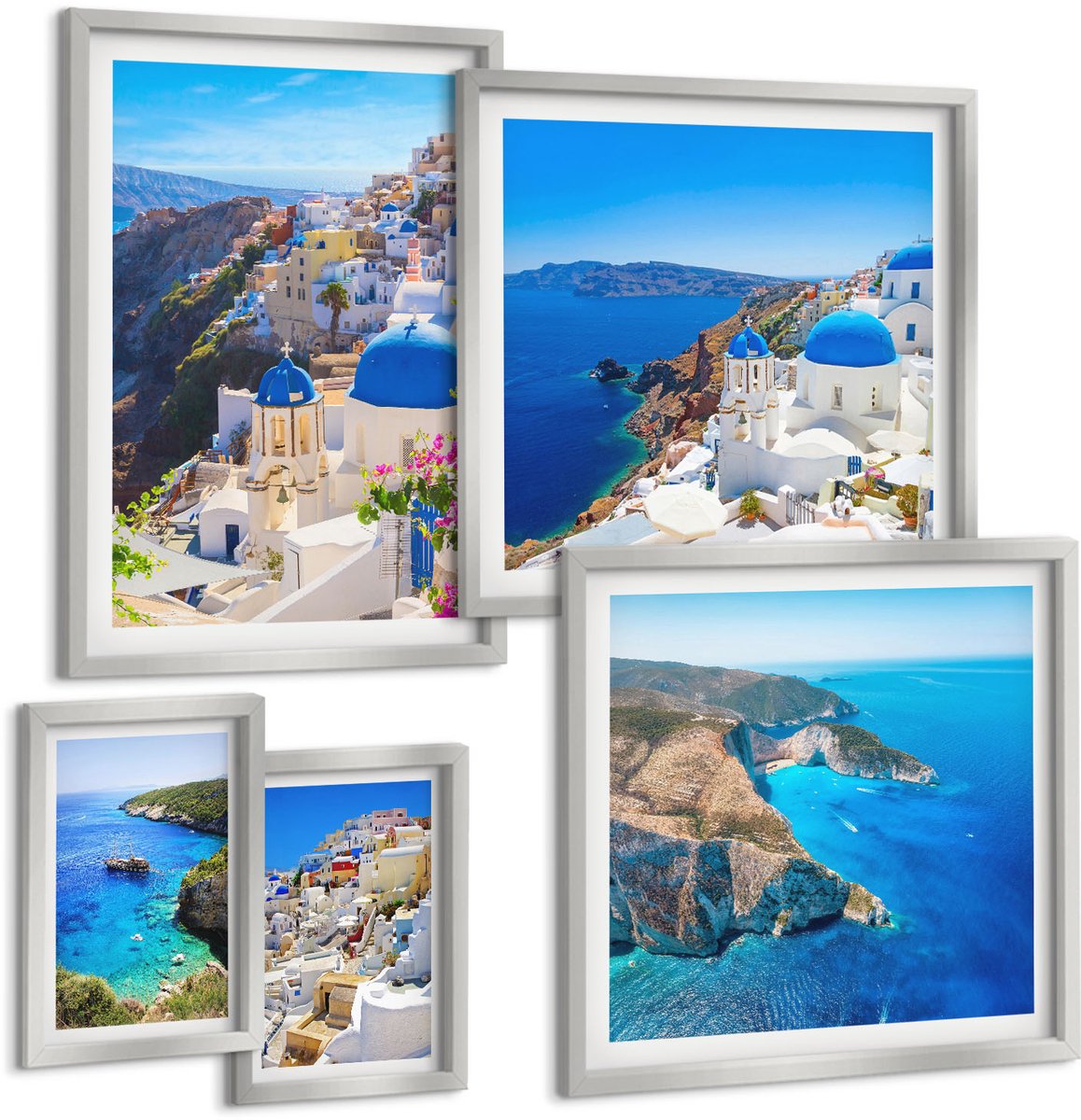 TULUP 4-Delige Schilderij Set - Uitzichten op de Griekse eilanden met blauwe koepels - 50 x 50 cm, 20 x 30 cm en 40 x 60 cm - Wanddecoratie - Woonkamer Decoratie Zilveren lijst