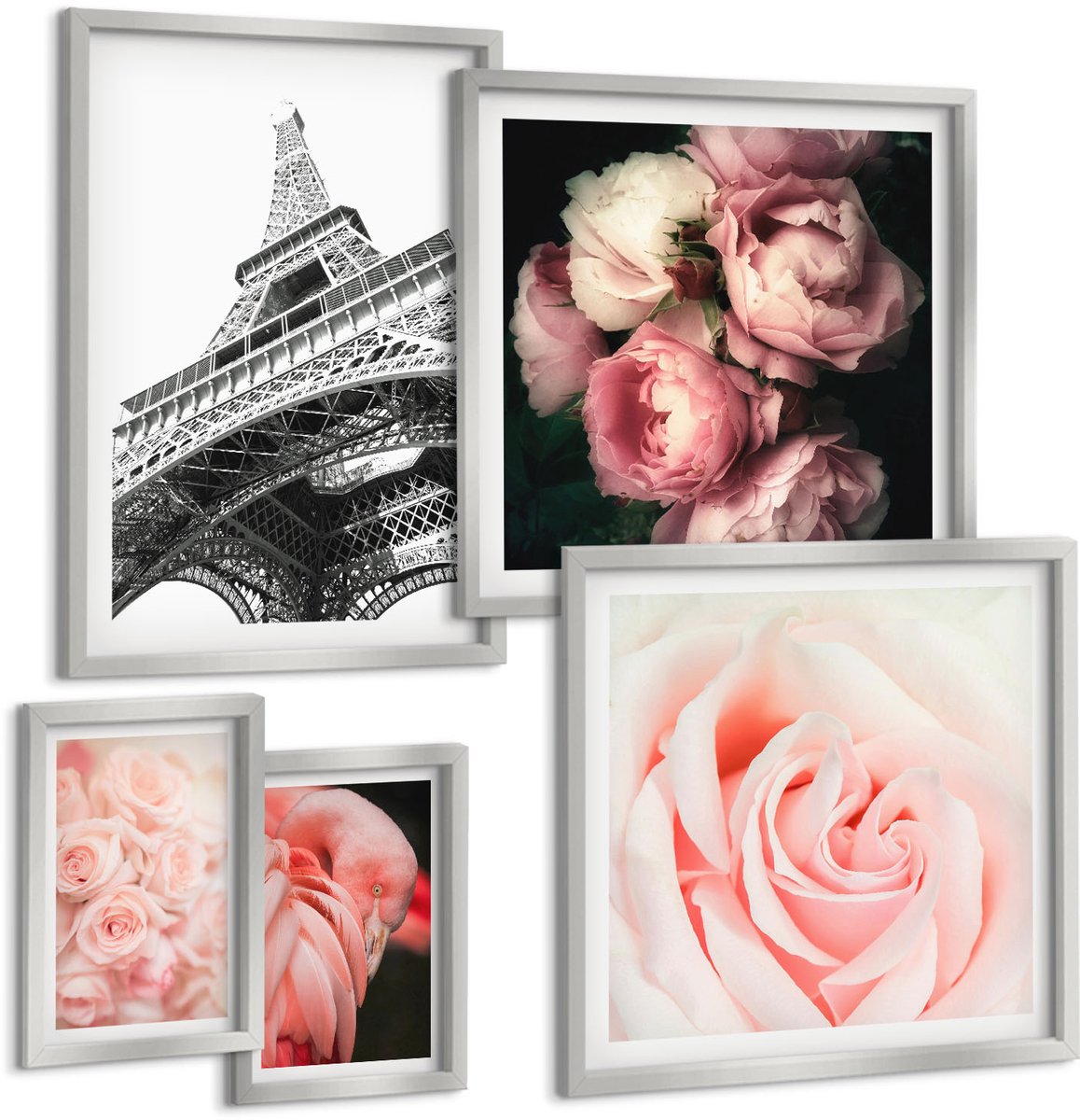 TULUP 4-Delige Schilderij Set - Roze rozen en de Eiffeltoren in een romantische stijl - 50 x 50 cm, 20 x 30 cm en 40 x 60 cm - Muurdecoratie - Wanddecoratie - Slaapkamer Zilveren lijst