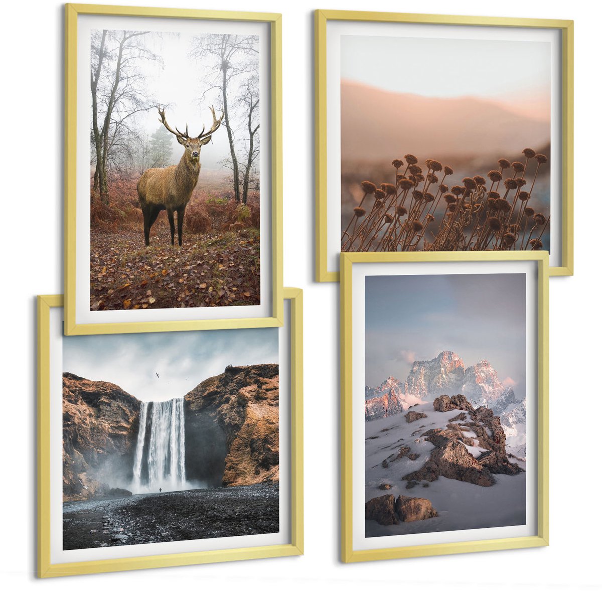 TULUP 4-Delige Schilderij Set - Natuurlijke, ongerepte landschappen, bergen, herten en watervallen. - 40 x 40 cm en 40 x 60 cm - Wanddecoratie - Muurdecoratie - Woonkamer - Stijlvolle Muurdecoratie Gouden lijst