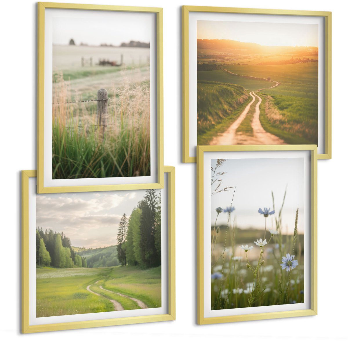 TULUP 4-Delige Schilderij Set - Natuurlandschappen met velden en paden in de zon. - 40 x 40 cm en 40 x 60 cm - Muurdecoratie - Schilderijen Set - Woonkamer - Decoratieve Schilderijen Gouden lijst